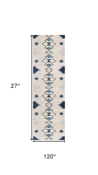 10' Blue And Ivory Southwestern Runner Rug