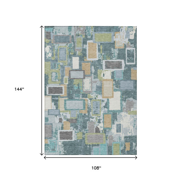 9' X 12' Teal Blue Green And Ivory Geometric Washable Indoor Outdoor Area Rug