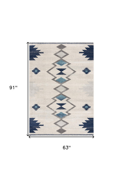 5' X 7' Blue and Ivory Southwestern Area Rug