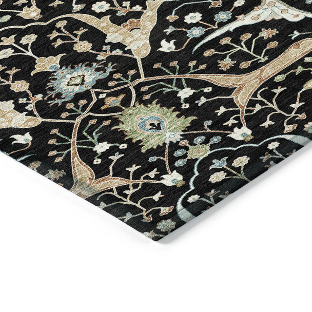 10' X 14' Black Ivory And Green Floral Washable Indoor Outdoor Area Rug