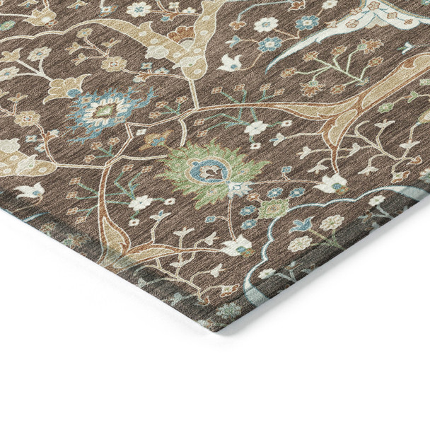10' X 14' Brown Green And Ivory Floral Washable Indoor Outdoor Area Rug