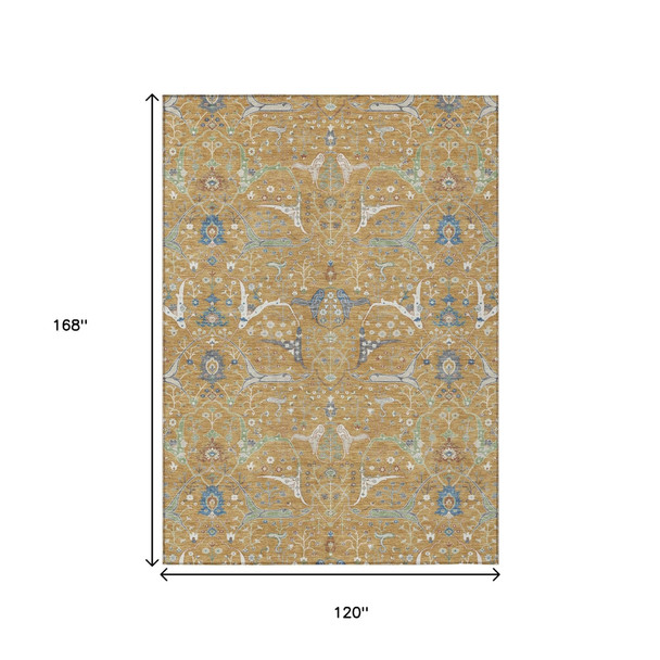 10' X 14' Gold And Blue Floral Washable Indoor Outdoor Area Rug