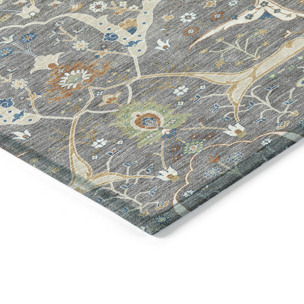 10' X 14' Gray Green And Copper Floral Washable Indoor Outdoor Area Rug