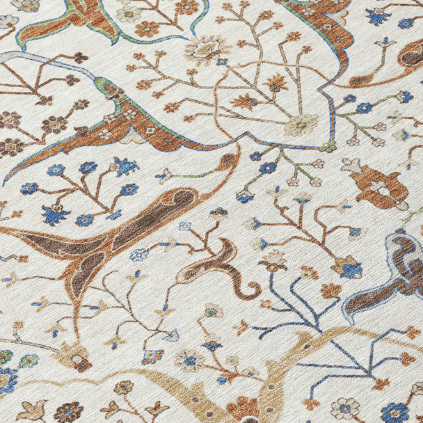 9' X 12' Ivory Copper And Blue Floral Washable Indoor Outdoor Area Rug