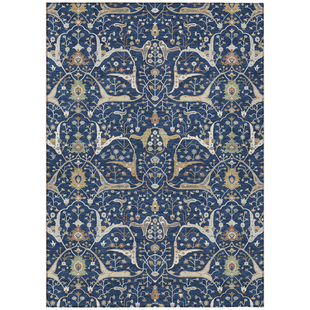 10' X 14' Navy Blue Ivory And Gold Floral Washable Indoor Outdoor Area Rug