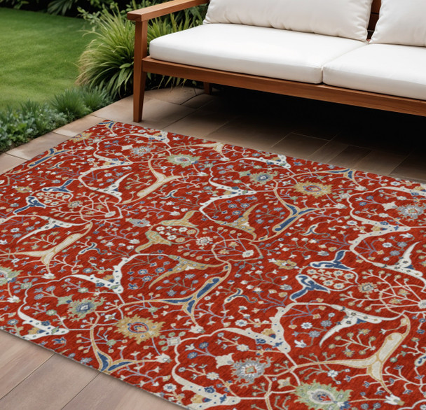 9' X 12' Red Blue And Ivory Floral Washable Indoor Outdoor Area Rug
