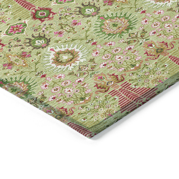 8' Artichoke Green And Blush Round Floral Washable Indoor Outdoor Area Rug