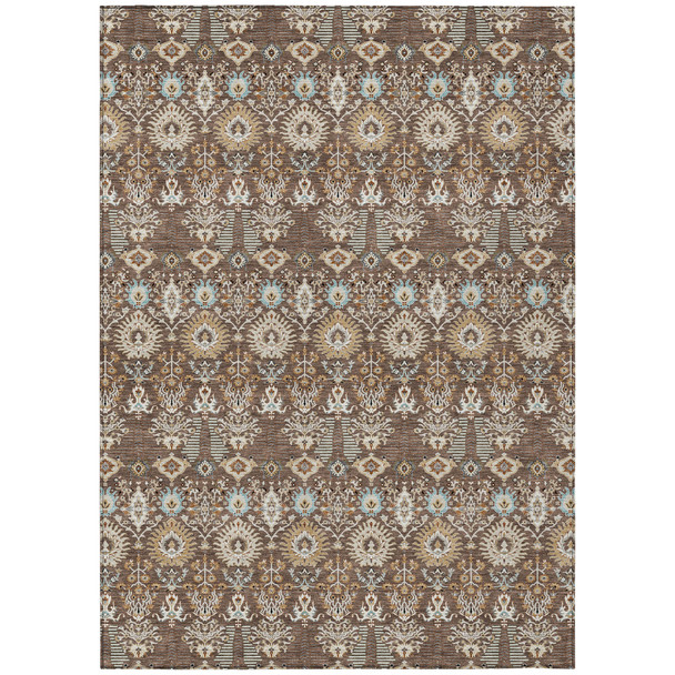 9' X 12' Brown And Beige Floral Washable Indoor Outdoor Area Rug