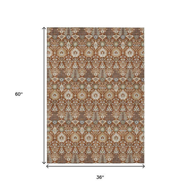 3' X 5' Rust And Ivory Floral Washable Indoor Outdoor Area Rug