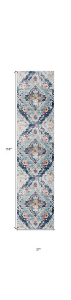 13' Blue and Ivory Medallion Distressed Runner Rug