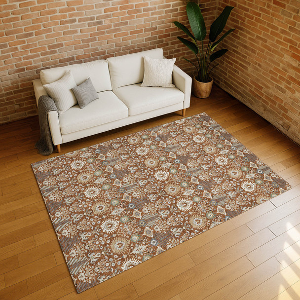 9' X 12' Rust And Ivory Floral Washable Indoor Outdoor Area Rug