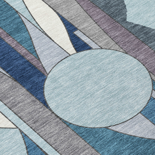 9' X 12' Blue And Ivory Geometric Washable Indoor Outdoor Area Rug