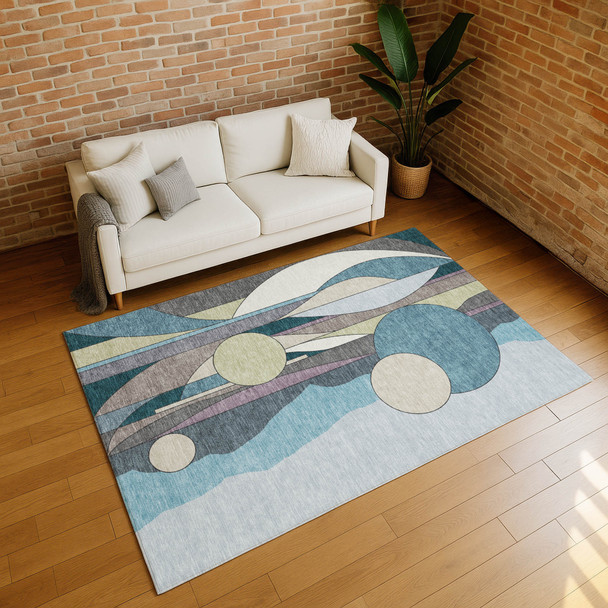 3' X 5' Teal Blue Ivory And Green Geometric Washable Indoor Outdoor Area Rug
