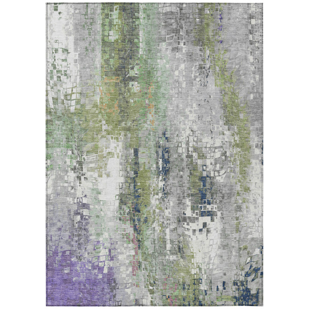 9' X 12' Artichoke Green Ivory And Purple Abstract Washable Indoor Outdoor Area Rug