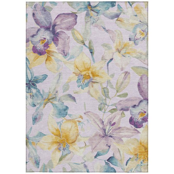 9' X 12' Lavender Gold And Ivory Floral Washable Indoor Outdoor Area Rug