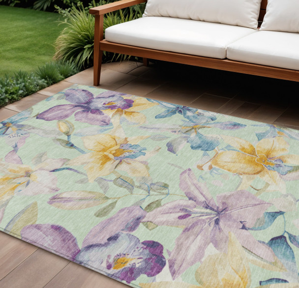 10' X 14' Mint Green Gold And Lavender Floral Washable Indoor Outdoor Area Rug