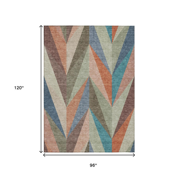 8' X 10' Sage Orange And Blue Geometric Washable Indoor Outdoor Area Rug