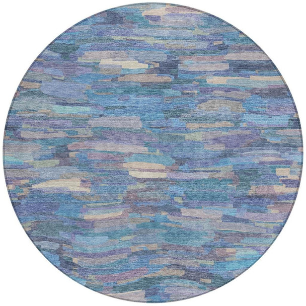 8' Denim Blue Lavender And Ivory Round Striped Washable Indoor Outdoor Area Rug