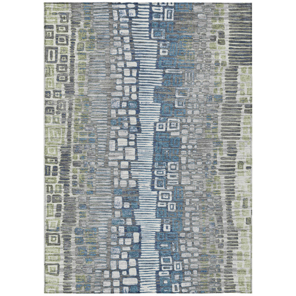 10' X 14' Artichoke Green Ivory And Blue Geometric Washable Indoor Outdoor Area Rug