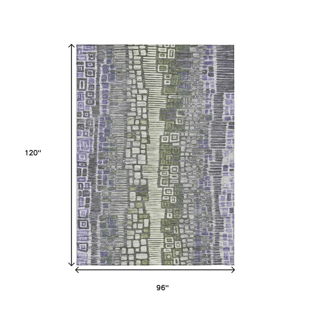 8' X 10' Purple Ivory And Green Geometric Washable Indoor Outdoor Area Rug