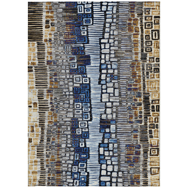 5' X 8' Pewter Ivory Blue And Gold Geometric Washable Indoor Outdoor Area Rug