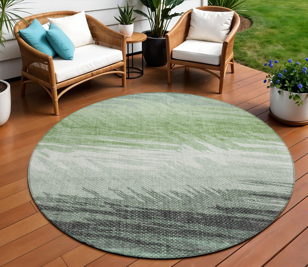 8' Green Ivory And Charcoal Round Striped Washable Indoor Outdoor Area Rug