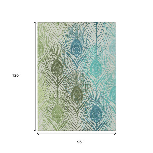 8' X 10' Artichoke Green Ivory And Blue Floral Washable Indoor Outdoor Area Rug