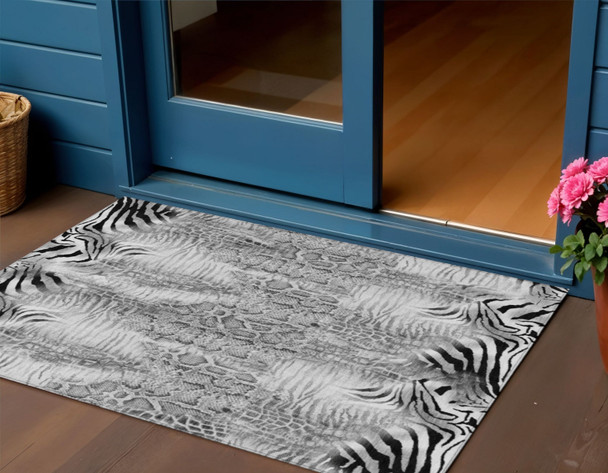 3' X 5' Gray And Black Animal Print Washable Indoor Outdoor Area Rug