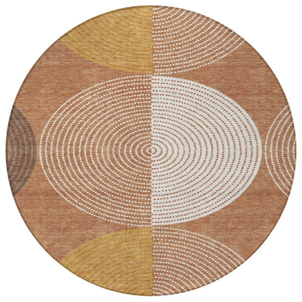 8' Copper And Ivory Round Geometric Washable Indoor Outdoor Area Rug