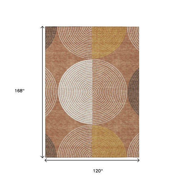 10' X 14' Copper And Ivory Geometric Washable Indoor Outdoor Area Rug