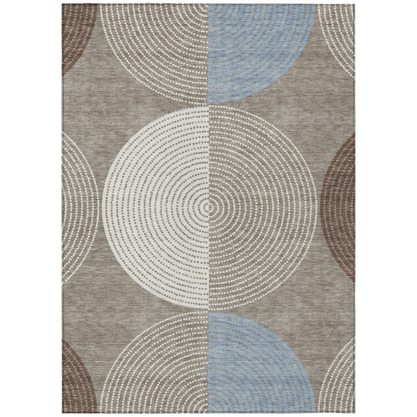 9' X 12' Taupe Ivory And Blue Geometric Washable Indoor Outdoor Area Rug