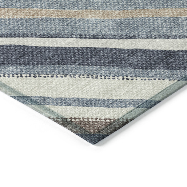 8' X 10' Denim Blue Ivory And Beige Striped Washable Indoor Outdoor Area Rug