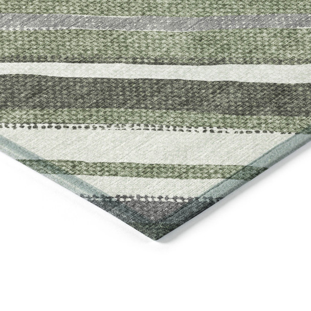 5' X 8' Fern Green Ivory And Gray Striped Washable Indoor Outdoor Area Rug