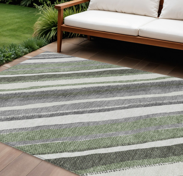 9' X 12' Fern Green Ivory And Gray Striped Washable Indoor Outdoor Area Rug