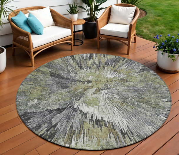 8' Fern Green Ivory And Gray Round Abstract Washable Indoor Outdoor Area Rug