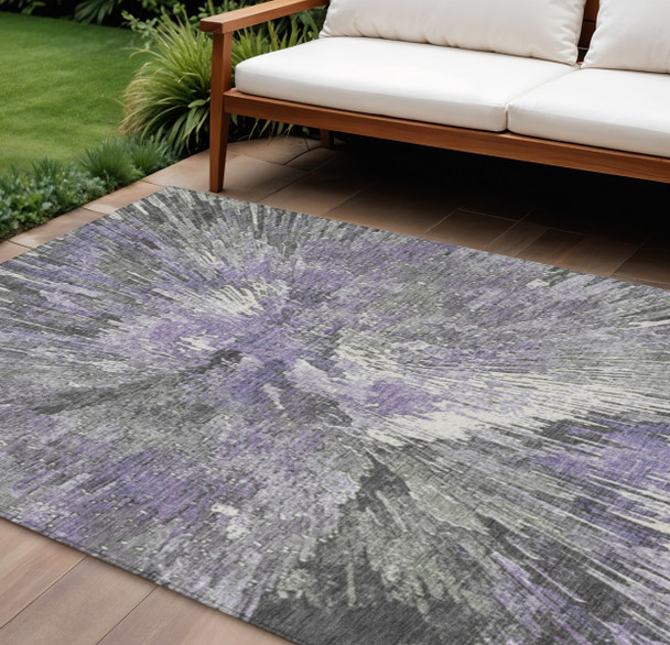9' X 12' Lavender Ivory And Gray Abstract Washable Indoor Outdoor Area Rug