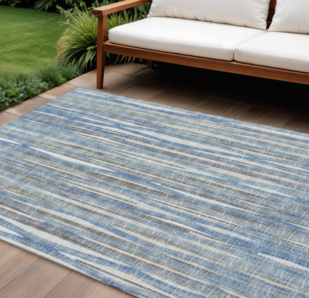 10' X 14' Blue And Ivory Striped Washable Indoor Outdoor Area Rug