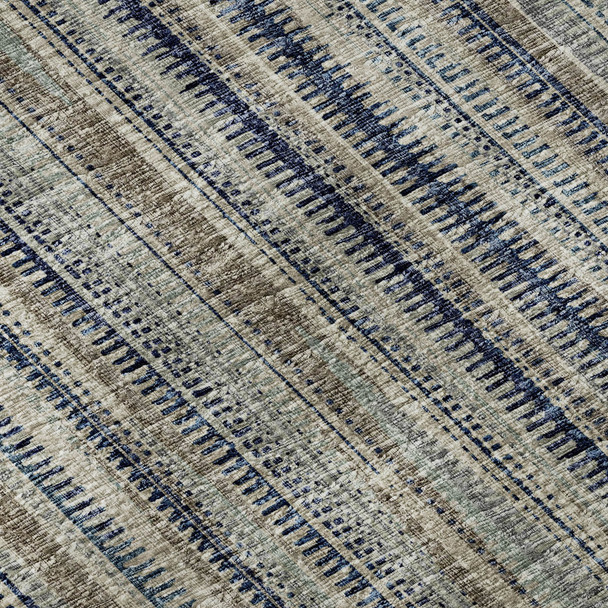 9' X 12' Brown And Navy Blue Striped Washable Indoor Outdoor Area Rug