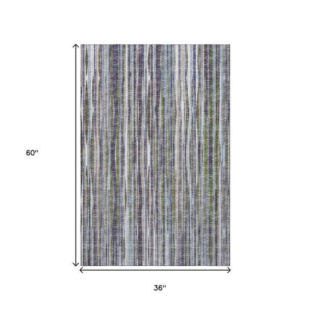 3' X 5' Plum And Ivory Striped Washable Indoor Outdoor Area Rug