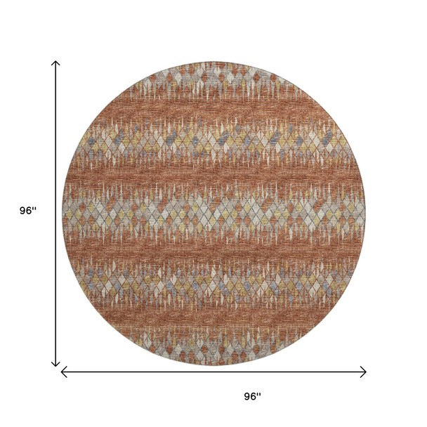 8' Cinnamon And Blue Round Ikat Washable Indoor Outdoor Area Rug