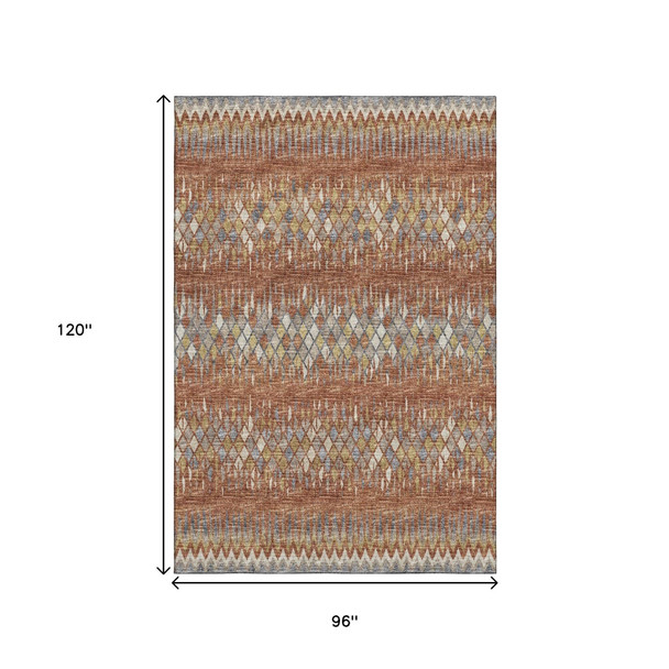 8' X 10' Cinnamon And Blue Ikat Washable Indoor Outdoor Area Rug