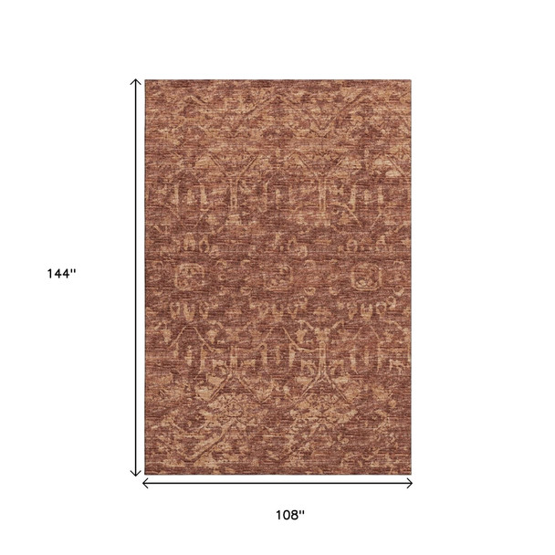 9' X 12' Terra Cotta And Beige Damask Washable Indoor Outdoor Area Rug