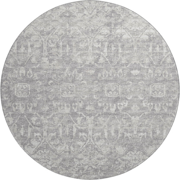 8' Gray And Ivory Round Damask Washable Indoor Outdoor Area Rug