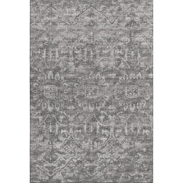 8' X 10' Charcoal And Ivory Damask Washable Indoor Outdoor Area Rug