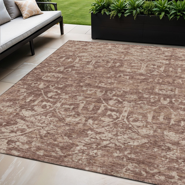 5' X 8' Chocolate And Ivory Damask Washable Indoor Outdoor Area Rug