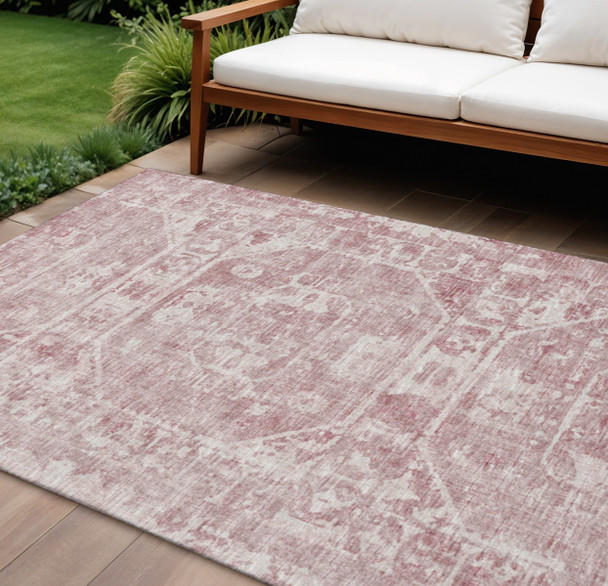 9' X 12' Pink And Ivory Tribal Washable Indoor Outdoor Area Rug