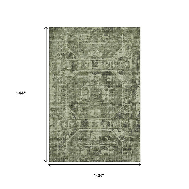 9' X 12' Olive Green And Ivory Tribal Washable Indoor Outdoor Area Rug