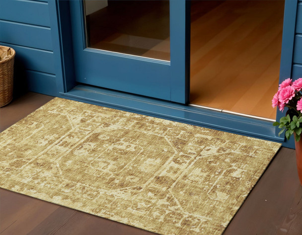 3' X 5' Gold And Ivory Tribal Washable Indoor Outdoor Area Rug