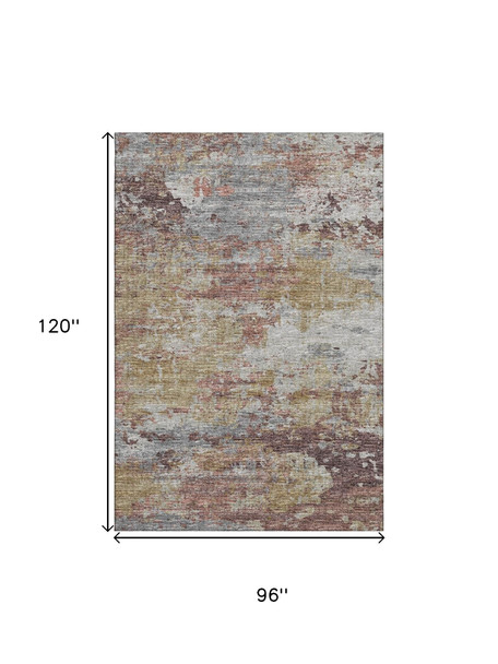 8' X 10' Silver Mauve And Gold Abstract Washable Area Rug With UV Protection