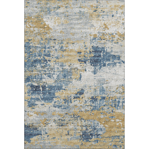 9' X 12' Blue Ivory And Gold Abstract Washable Area Rug With UV Protection